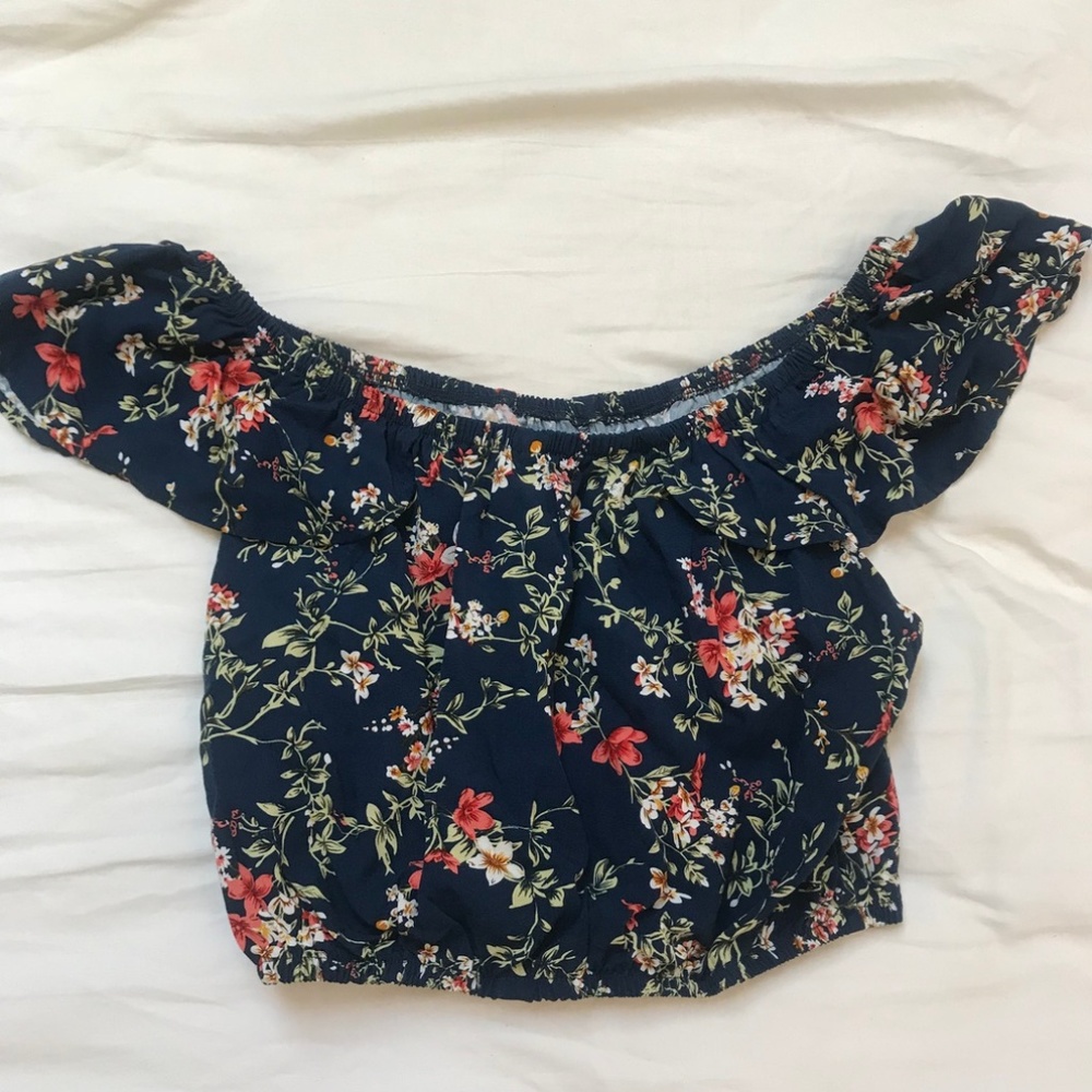 Blue Floral Peasant Blouse Crop Top, Size Small